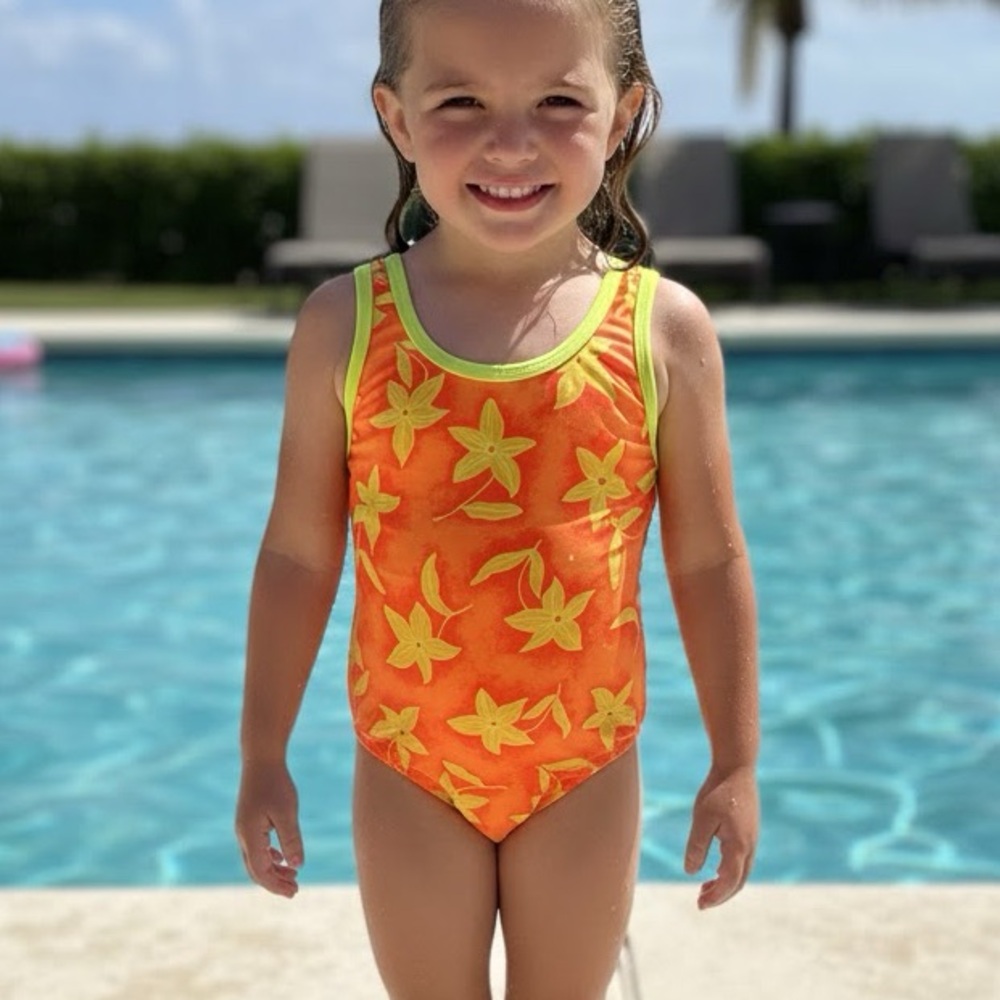 Girls 1 Piece Swimsuit Neon Orange Sz 4